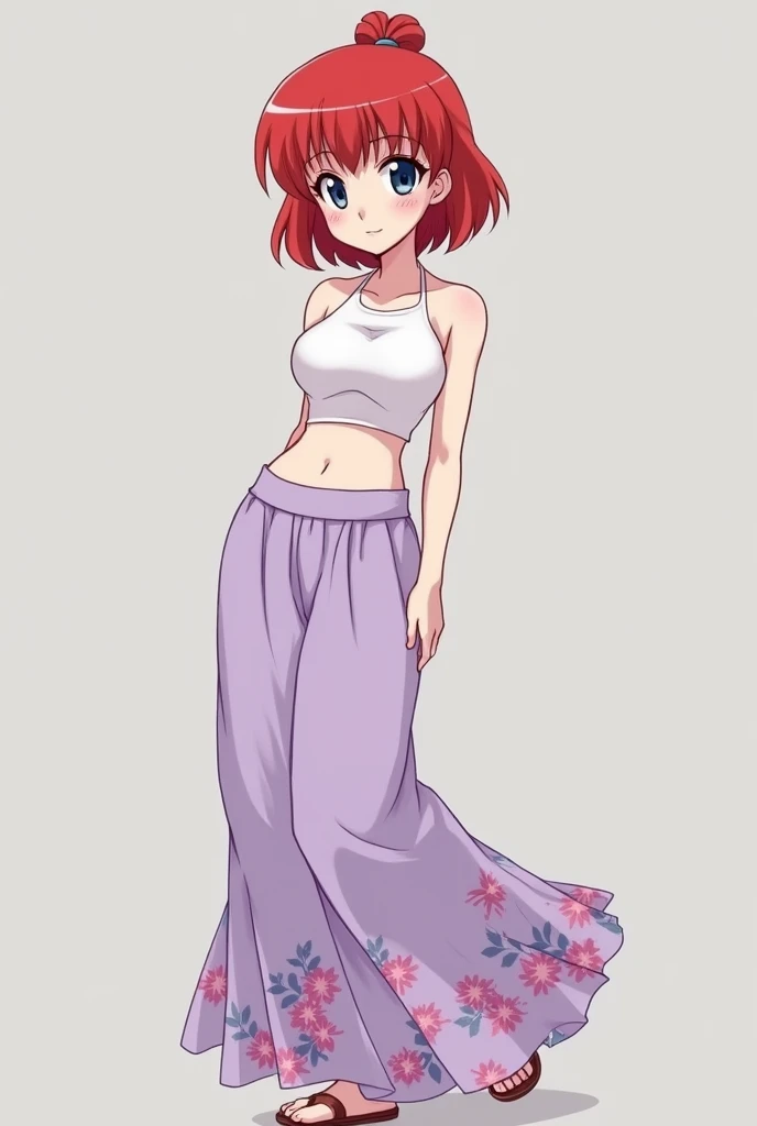 Create Female Ranma, make a girl,Clear contours, Color full-body photo, (beautiful and delicate eyes), (Nice face:1.3), childish face, Short red hair，Configure single ponytail, (Bangs), bumpy Bangs, blue gray eyes, big eyes，plump breasts，(clothes chinese style hanfu)(Horse-faced long skirt)top: Fitted white halter shirt,Bottom light purple chiffon wide leg high waist loose elegant nine-point pleated long skirt(actual:1.2),(Floral),   (actual上下身衣服是:3.7 scale)，Face the camera head-on，Bend one foot slightly against the calf of the other leg。