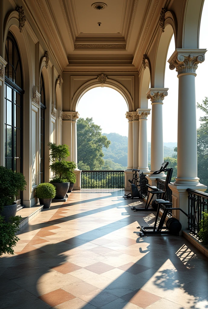 Gym on the porch of a mansion without people