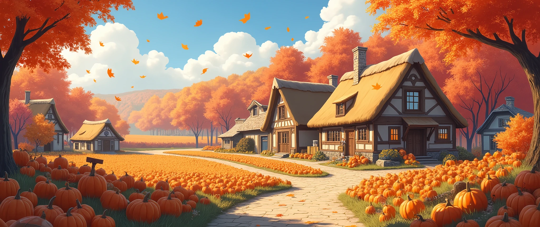 Fall Pumpkin Autumn Aesthetic,Halloween,Cute Village,Town Rustic,Cozy Anime, landscape ,Rustic Orange Maple Leaf Cute Village,Scenery
