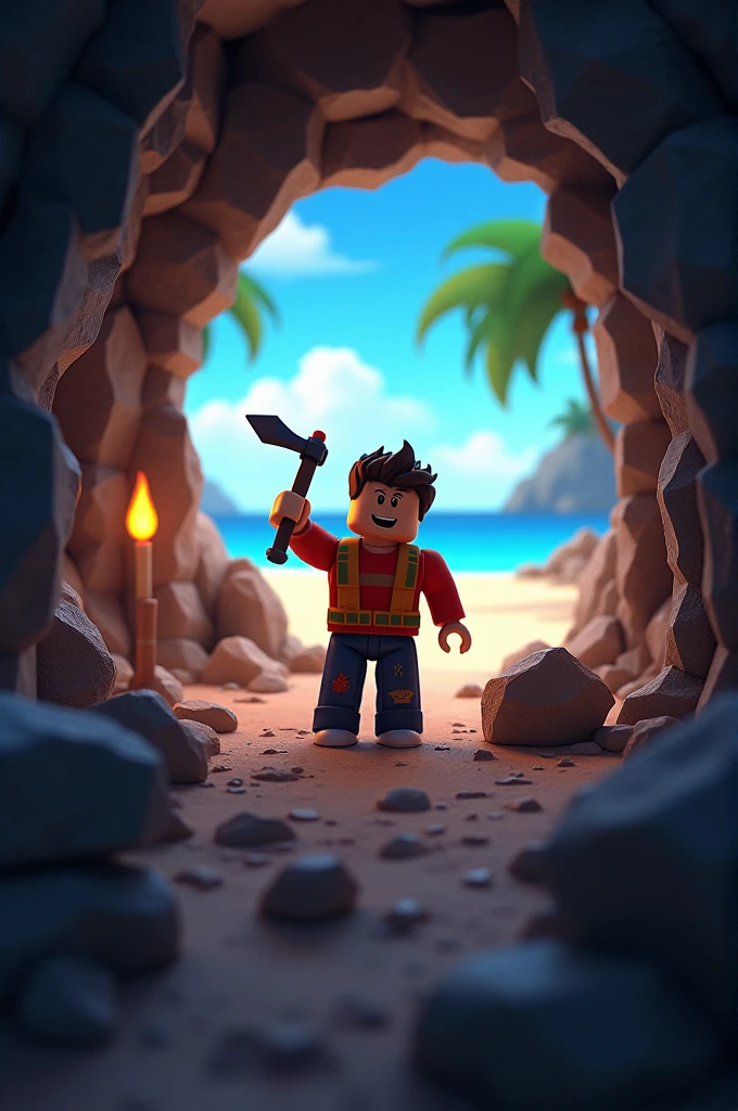 Make me Roblox Thumbnail for mining showing with someone pickaxing and cave in background with beach on the side