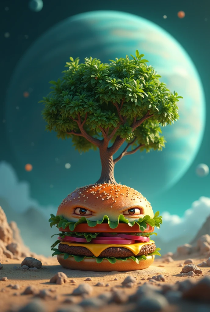 The burger has an angry face, he lives in neptune , until he finds a beautiful tree