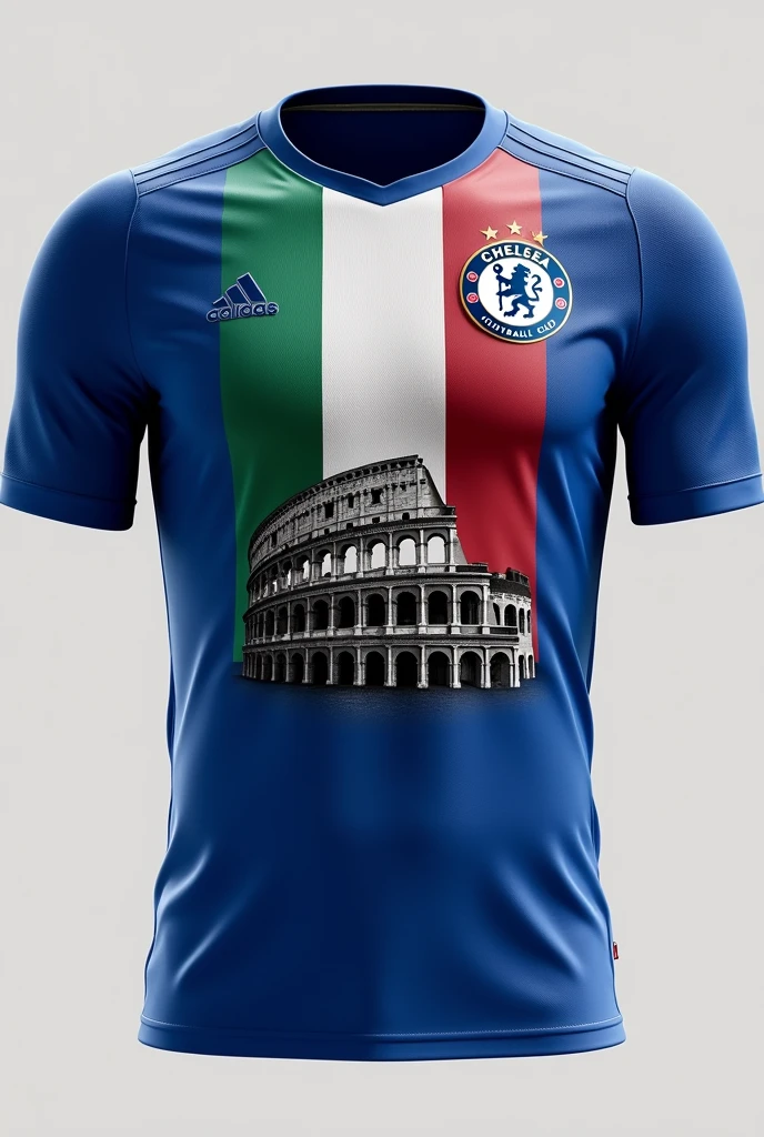 Make me a shirt in the colors of the Chelsea kit but with the Italian shield and the Roman Coliseum on the shirt 