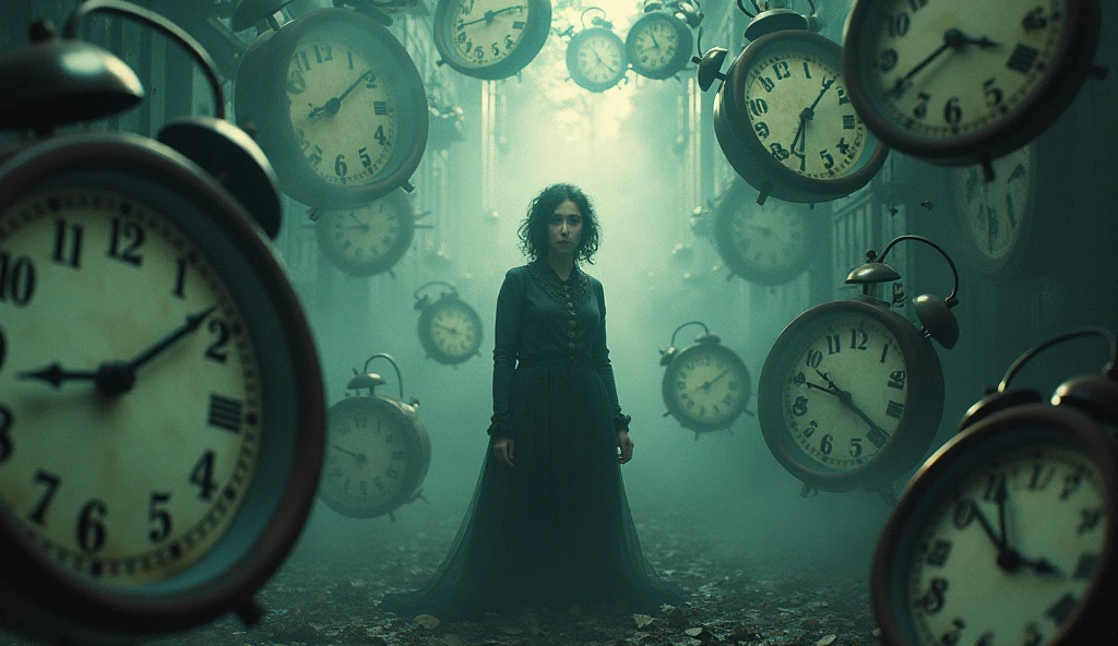 Visual of a person surrounded by ticking clocks
Make it spooky. Make it vibrant and hyper realistic.