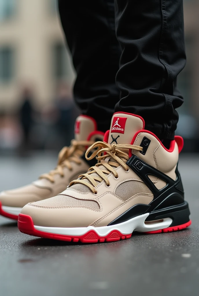 Create some beige ankle boot urban sneakers, black and red
