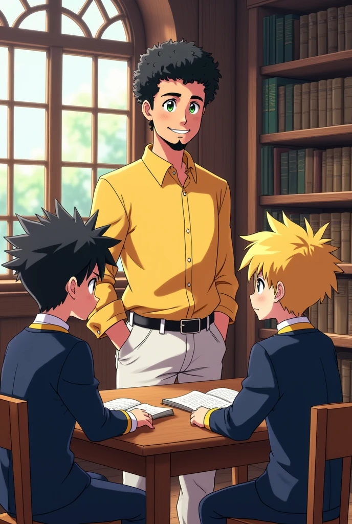 In a vibrant anime-style illustration, Professor Petterson is shown teaching a lesson to his two students in a traditional library setting. He is dressed in his usual yellow dress shirt, paired with white pants, but without the bow tie. The scene takes place in a Catholic monastic library, characterized by its classic wooden bookshelves filled with old tomes and religious texts.
Professor Petterson stands at the front of the room, engaging the two students with a warm and attentive expression. His short, curly black hair and prominent goatee are depicted with crisp detail, emphasizing his thoughtful demeanor. The students, both , are seated at a wooden table. The dark-haired student with spiky hair and the blonde student with green eyes are focused on their books, wearing their regular dark blue school uniforms with yellow trim.
The library's atmosphere is serene and scholarly, with large windows allowing soft light to filter through, casting a gentle glow on the wooden furniture and books. The overall setting is rich in detail, capturing the essence of a traditional monastic library with a calm, educational ambiance.