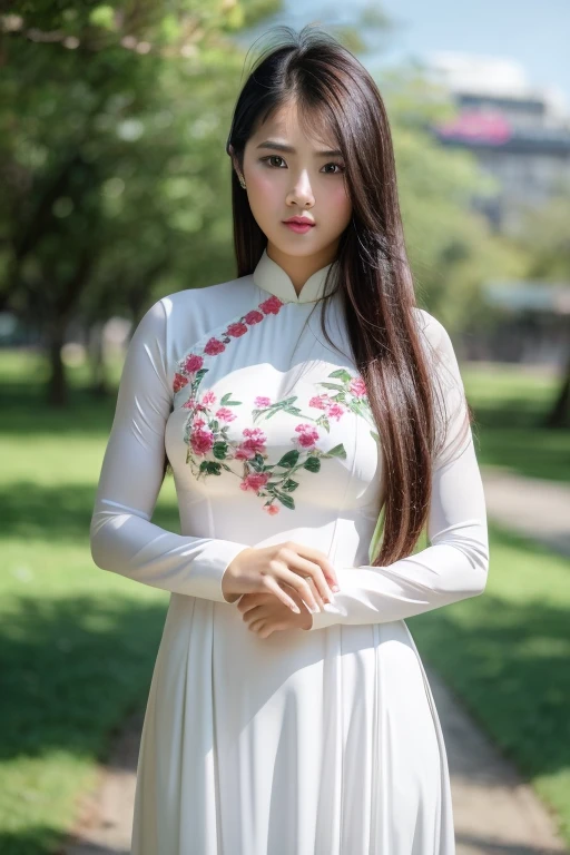 1 girl, ao dai, upper body, long hair, perfect anatomy, perfect body, beautiful face, masterpiece, ultra realistic, 32k, extremely detailed CG unity 8k wallpaper, best quality, big breasts, slightly visible bra under dress