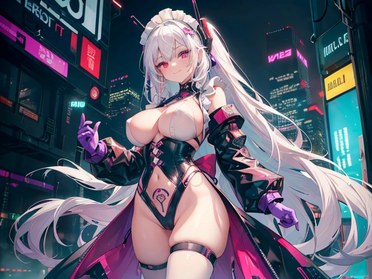 nsfw,((1girl)), (masterpiece, best quality), High resolution, Very detailed,4K,8k, ((Anatomically correct number of limbs),(Anatomically correct number of fingers)), ((seductive smile) ,(white hair,long hair), ((maid),(cyber clothes),(Clothes with purple glitter lines)), (heterochromia,(red eye,green eye))), ((big breasts),beautiful breasts,curvy),((Late Night),Cyberpunk cityscape,Vibrant neon glow), (spoken heart)