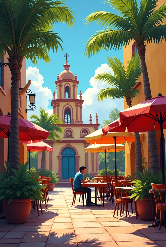 A person sitting at a table in an outdoor restaurant with palm trees and a Colima-style church in the background, Mexico