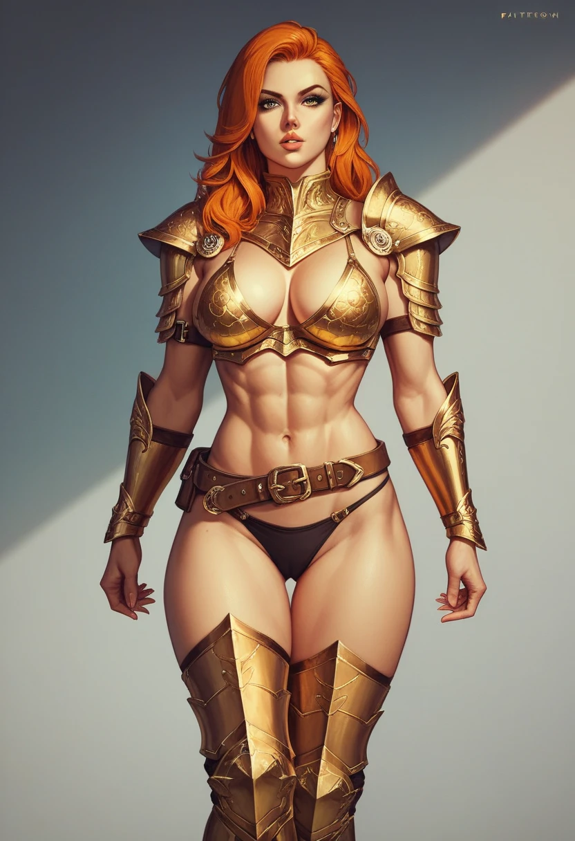 1girl, fitness body, detailed face, detail eyes, detailed lips, orange hair, golden bikini armor, golden shoulder armors, golden bracers, big brown belt, black panties, golden boots, thigh-high boots