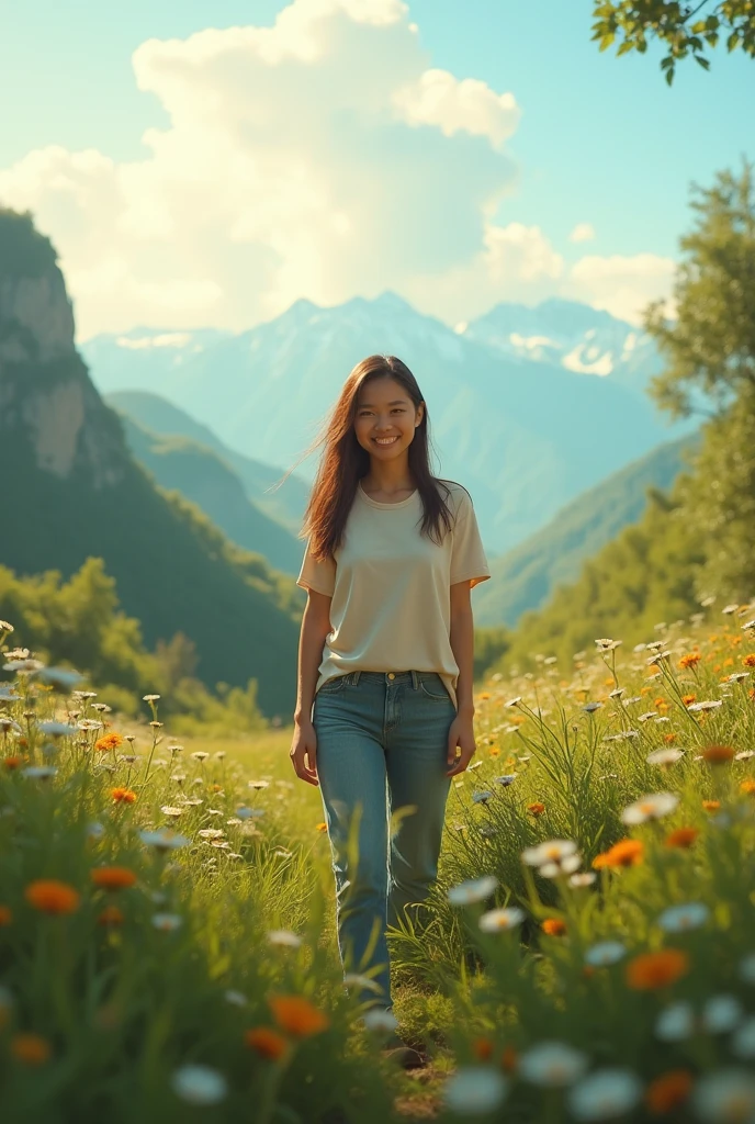 a person standing in a beautiful landscape in smiling face