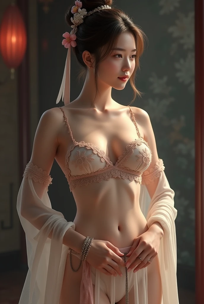 Chinese girl , Bold, curved body, curved waist, big breast, white skin, Fully naked, exposed breasts, Tullai, There is a long transparent ribbon tied around the arm., Inspired by Chinese movies, Show navel, bare shoulders, bare neck, bare butt ,High bun with flower hair clip, Ribbon on arm ring, Breasts, bangle, Anklet, high-heels, Metal chain tassel at waist, Real picture, Clear picture, cgstation pop, In the castle at night, ((full body)), ((Very realistic))