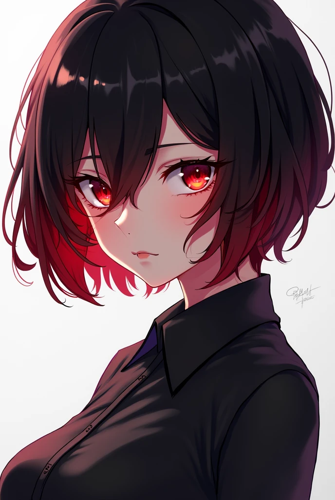 Short black hair woman with red locks and red eyes anime