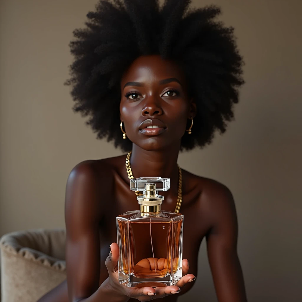 a photorealistic portrait of a beautiful ebony-skinned woman, naked, with a concentrated and passionate expression, holding a camera firmly as she focuses on an elegant crystal perfume bottle in a professional photography studio, soft and diffused lighting, minimalist background, sophisticated perfume bottle design with balanced reflections and shadows, the woman wearing tasteful jewelry, 8k quality, vivid colors, high level of detail, professional studio lighting, physically-based rendering