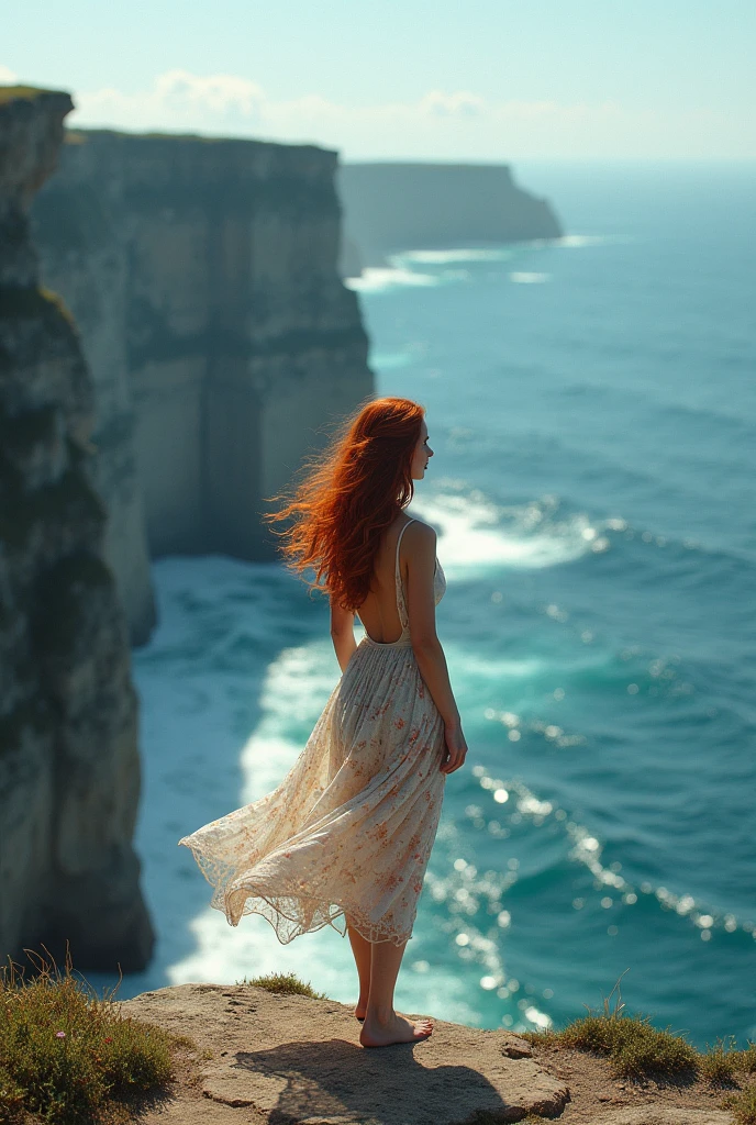 A woman with wavy red hair and a flowery back dress, Walking along the edge of an abyss, contemplating the view of the ocean, In summer 