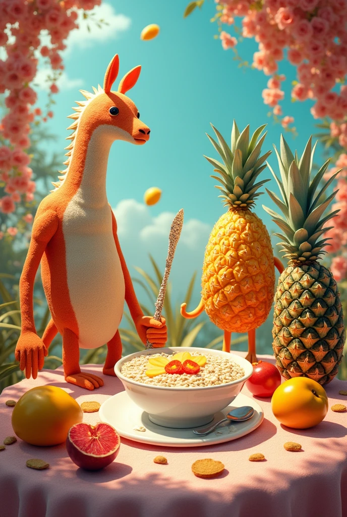 A breakfast that contains oatmeal, almond milk, chia seeds, pineapple and mango that is not realistic, that is an UNREALISTIC drawing, THEY ARE FOODS WITH NO FACES