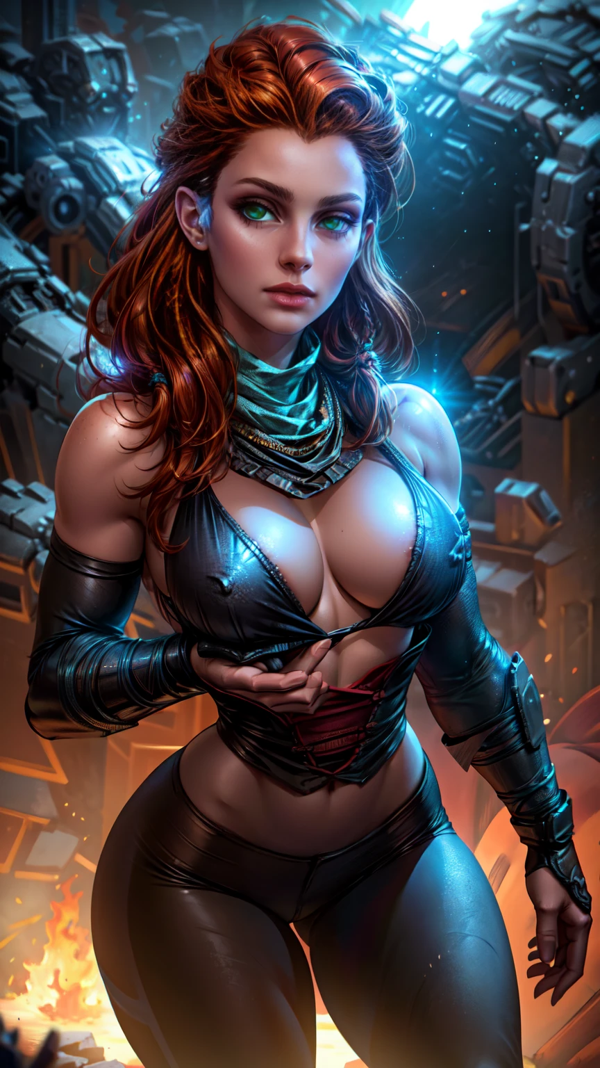 beautiful detailed eyes, beautiful detailed lips, extremely detailed eyes and face, long eyelashes, 1girl, cosplay, Kim Possible cosplays as Aloy from Horizon games, intricate detailed costume, high quality 3D render, cinematic lighting, photorealistic, hyper detailed, vibrant colors, warm lighting, dramatic pose, dynamic action, epic fantasy, human anatomy, no bra