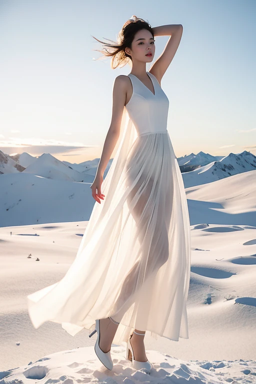 (masterpiece, best quality:1.2), 1girl, solo, delicate face, white-skinned female, see-through silhouette, white dress, full body, outdoor, On top of snow mountain, snowing