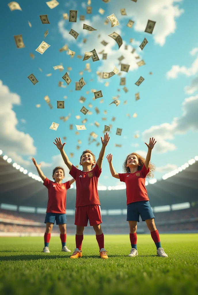 Football players smile happily, look up, spread their arms, wait to receive money, which has a lot of money falling from the sky on the football field.