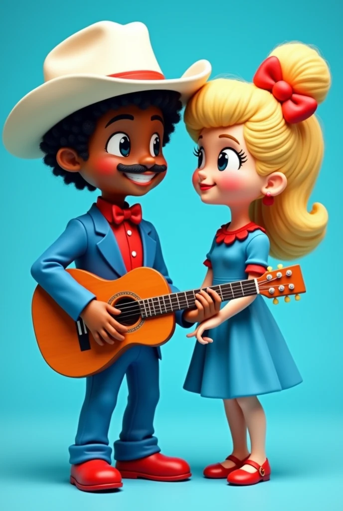 casal formato hello kitty,the man with short curly hair, white cowboy style hat, pele chocolate, with a mustache, blue suit, red dress shirt, calça azul Red Shoe, with a guitar,the woman with light beige skin,long blonde curly hair with hairstyle on top of the head, blue long sleeve dress , with red bow at the neck, Red Shoe, blue background
