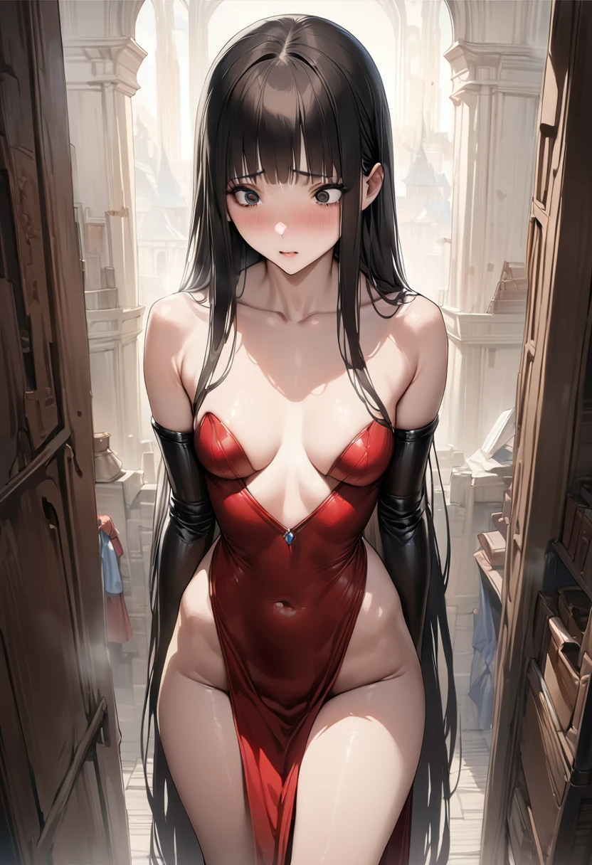 Fantasy art、((masterpiece,best quality anime,Highest quality:1.3)),realistic,cowboy shot,1woman,(30 year old beauty),((very small head:1.3)),((very long body:1.2)),long hair,black hair,bangs,(gorgeous big eyes),black eyes,shy,((slender body:1.3,skinny)),medium breasts,(Red Coat,Red tube top shirt、red loincloth、Leather Gauntlets),castle town、A world of magic and fantasy、