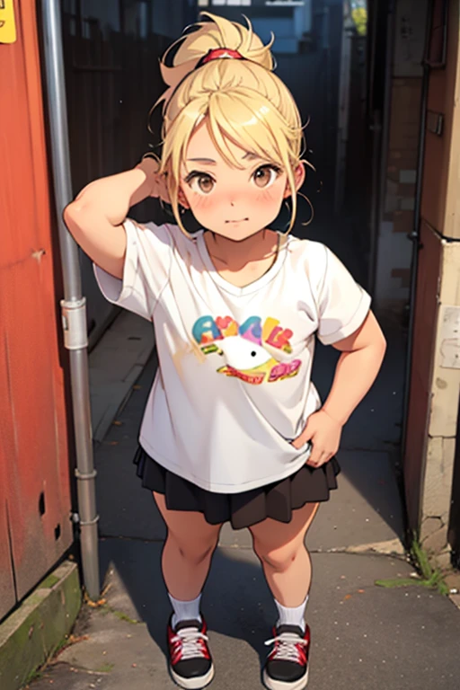 cute age girl, short stature,flat chest,Cute chubby girl, Chubby body type, blonde straight hair with fluff gathered in a ponytail、Brown eyes, ((in a children's sports bra:1,6)), in short denim shorts., Pink sneakers,(( Squatting:1,6)) in the backyard,