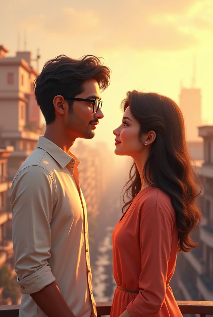 Indian man having baby face & wearing glasses and woman stand at the different rooftop and looking eachother with love love