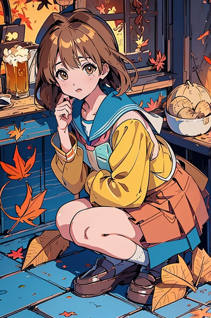 (masterpiece:1.2), Highest quality,Pixiv,Surprised girl,Portraiture、1、Large Breasts、Small waist、Close-up of face、Ecstasy、((((Kyoto Animation、Autumn Outfits、Sailor suit、squat))))、mini skirt、Girl sitting、Beer and Yakitori、barefoot、Kitauji High School Uniform、loafers