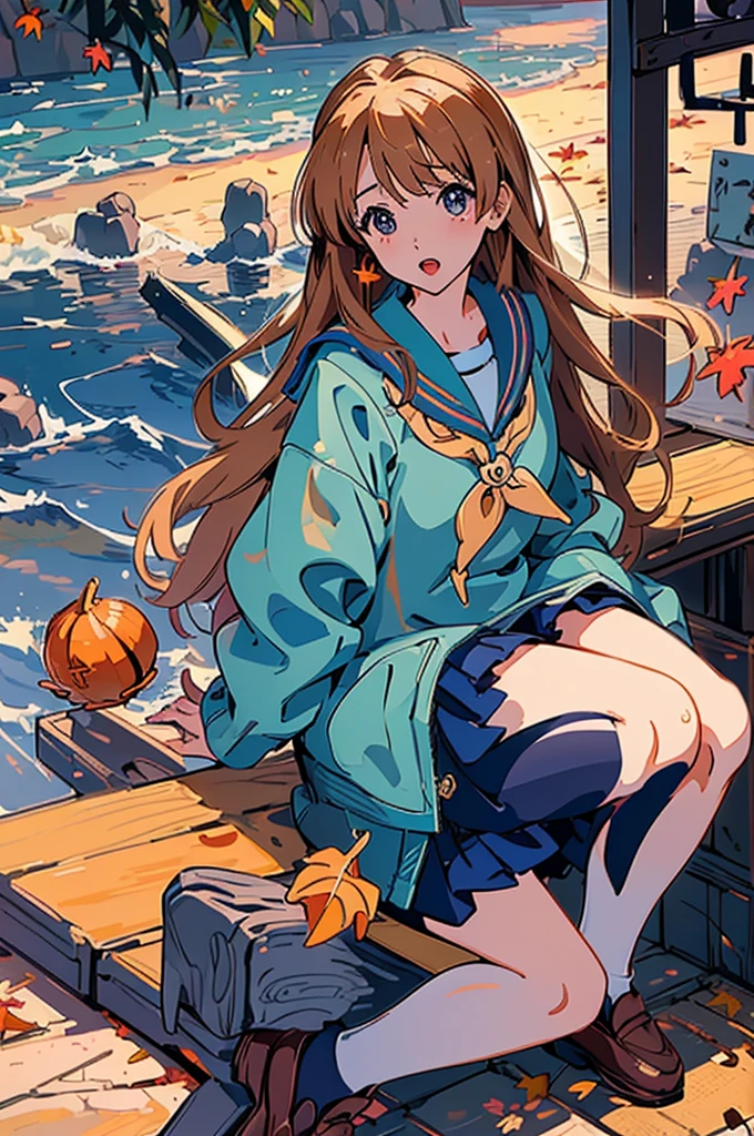 (masterpiece:1.2), Highest quality,Pixiv,Surprised girl,Portraiture、1、Large Breasts、Small waist、Close-up of face、Ecstasy、((((Kyoto Animation、Autumn Outfits、Sailor suit、squat))))、mini skirt、Girl sitting、Beer and Yakitori、barefoot、Kitauji High School Uniform、loafers