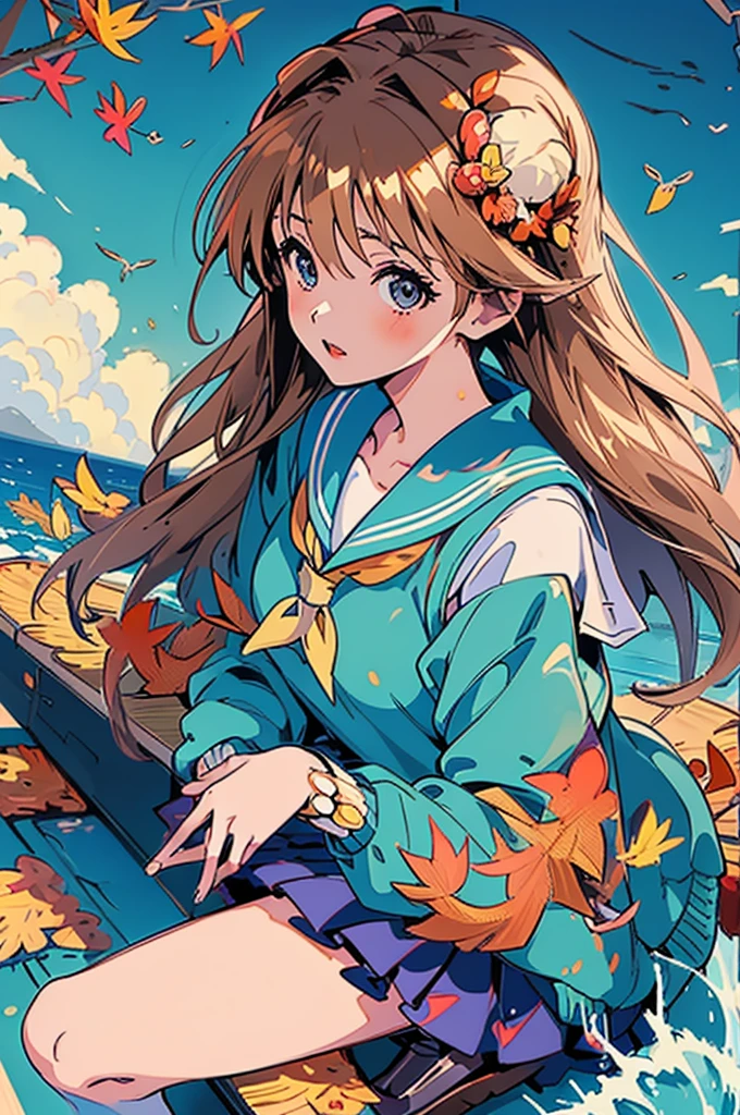 (masterpiece:1.2), Highest quality,Pixiv,Surprised girl,Portraiture、1、Large Breasts、Small waist、Close-up of face、Ecstasy、((((Kyoto Animation、Autumn Outfits、Sailor suit、squat))))、mini skirt、Girl sitting、Beer and Yakitori、barefoot、Kitauji High School Uniform、loafers