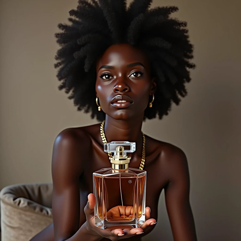 a photorealistic portrait of a beautiful ebony-skinned woman, naked, with a concentrated and passionate expression, holding a camera firmly as she focuses on an elegant crystal perfume bottle in a professional photography studio, soft and diffused lighting, minimalist background, sophisticated perfume bottle design with balanced reflections and shadows, the woman wearing tasteful jewelry, 8k quality, vivid colors, high level of detail, professional studio lighting, physically-based rendering