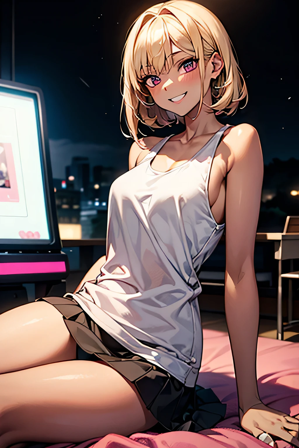 young woman,The best smile,White tank top,sit,Black Mini Skirt,Pink panties,blonde,chocolate-colored skin,The background is a game center,night