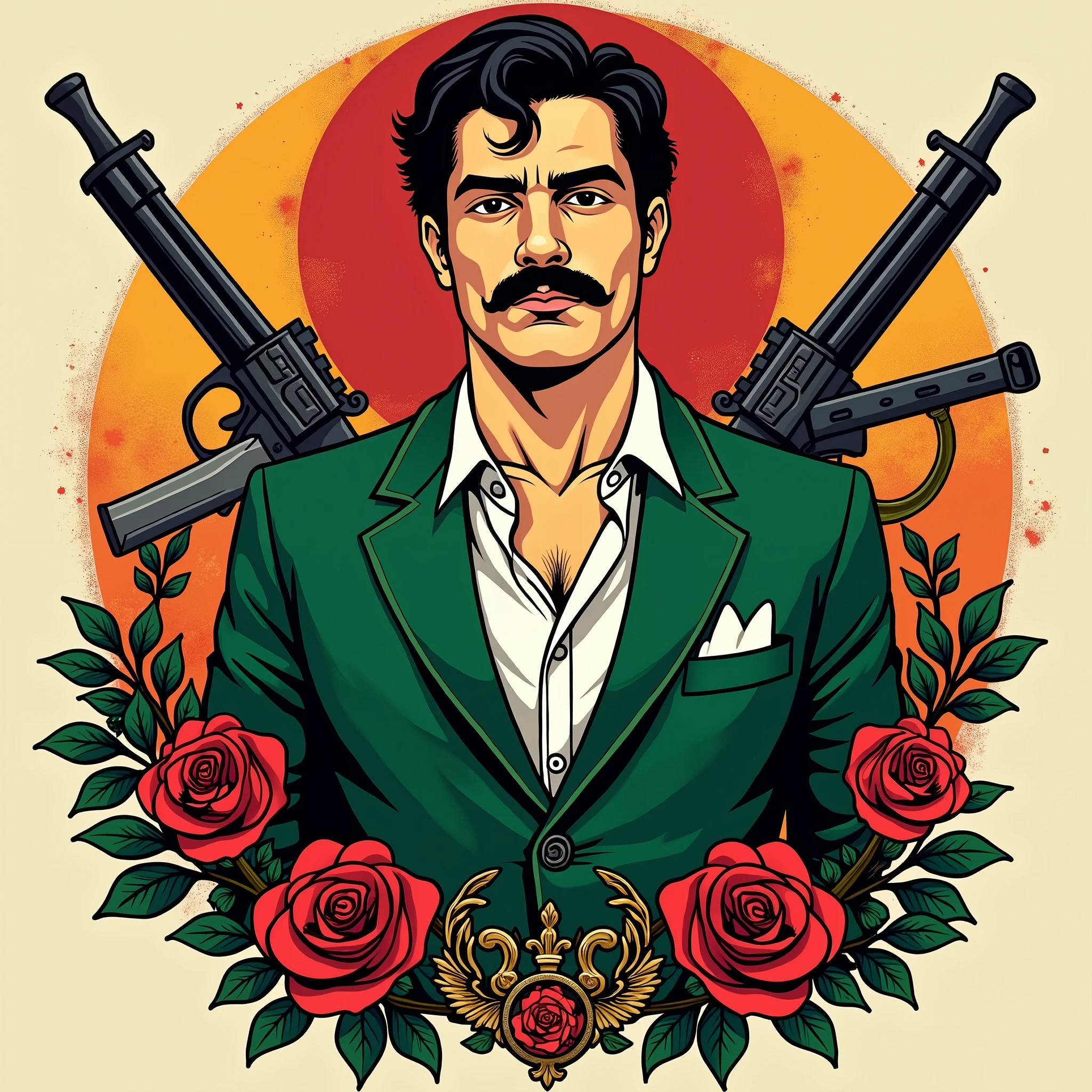 Holy in the Mexican style Jesus Malverde, holy mexican mafia, green suit, mustache and white button-down shirt, lord of marijuana and drug trafficking , print for shirt, vectorial , contrasting colours, no beard just mustache, shorth hair, red rose and weapons , cartel, marijuana leaf, intimidating man, 40 year old, rico