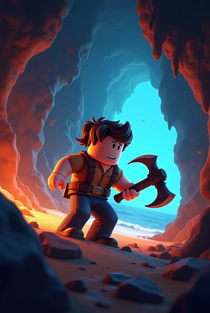 Make me Roblox Thumbnail for mining showing with someone pickaxing and cave in background with beach on the side put the title that is Cave Diggers Simulator