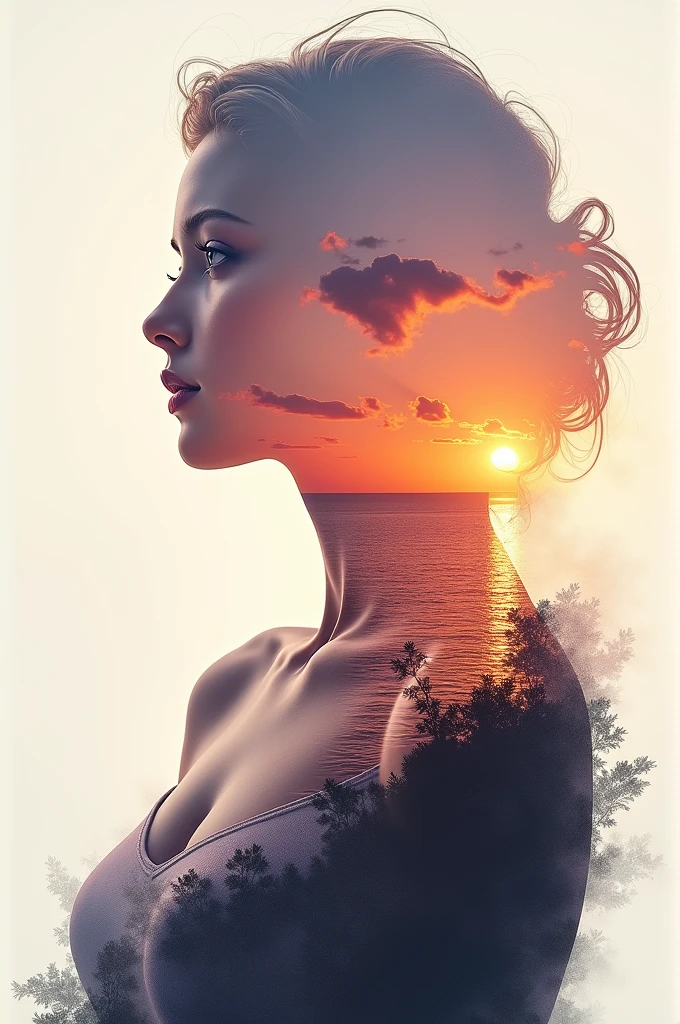 high quality, 8K Ultra HD, A beautiful double exposure that combines an goddess silhouette with sunset coast, sunset coast should serve as the underlying backdrop, with its details incorporated into the goddess , crisp lines, The background is monochrome, sharp focus, double exposure, by yukisakura, awesome full color,