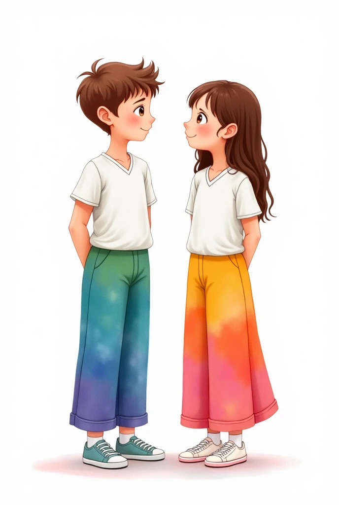  boy and girl facing front on white background wearing school uniform where the pants are long down to the ankles and blue, green, yellow, purple and red in watercolor with soft transitions between them and the white v-neck t-shirt on the outside, white tennis shoes, without jackets or coats