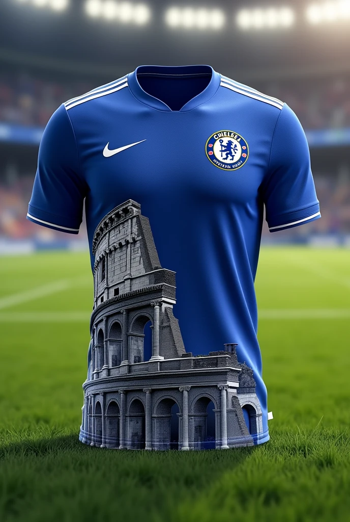 Make me a shirt in the colors of the Chelsea kit but with the Italian shield on the chest and the Roman Coliseum on the shirt