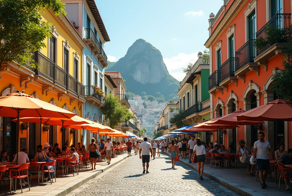 a beautiful city of Rio de Janeiro, gorgeous buildings, paved streets, people walking on the sidewalks, sunny day, detailed architecture, lush greenery, cobblestone roads, colorful umbrellas, outdoor cafes, bustling city life, warm sunlight, vibrant colors, photorealistic, cinematic, 8k, high quality, masterpiece
