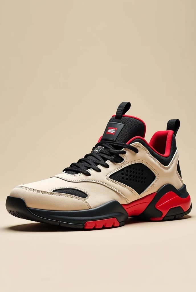 Create some beige boot-style sneaker tennis shoes, black and red