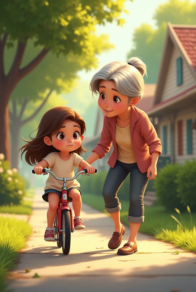 A brunette girl with her grandmother helping her ride a bike