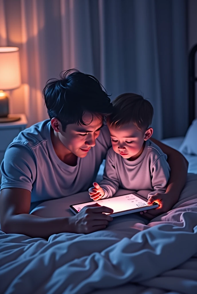 horizontal image, of a boy and his father sitting on the bed in the boy&#39;s room at night while they watch something on a tablet that is animated but not so much, With lilac colors, gray,negro, white, and pink