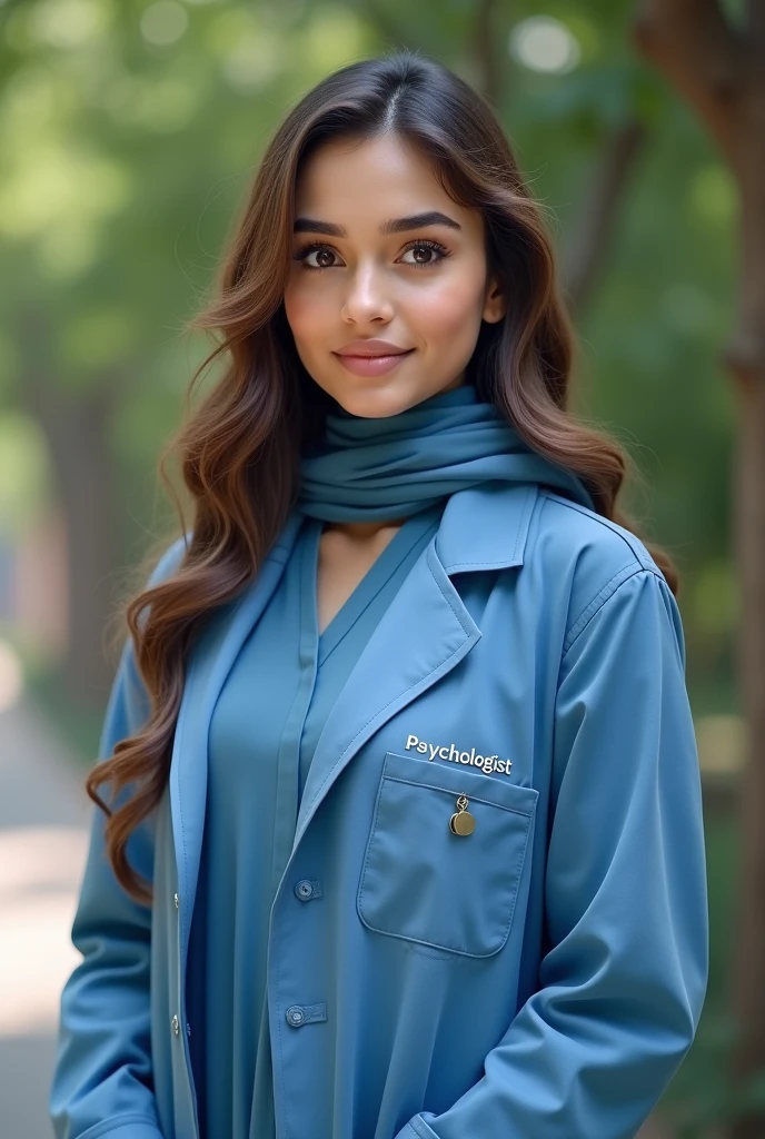 A beautiful Pakistani girl wearing shilwar Qameez in blue colour and she is 2 brown bugging eyes fair smooth skin tone and her hair are long and wavy in light brown color her face is oval chubby that looks realistic and she is wearing hijab and a doctor coat and ob the left pocket of coat its written Psychologist