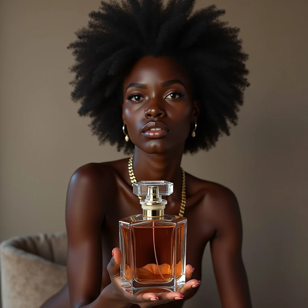 a photorealistic portrait of a beautiful ebony-skinned woman, naked, with a concentrated and passionate expression, holding a camera firmly as she focuses on an elegant crystal perfume bottle in a professional photography studio, soft and diffused lighting, minimalist background, sophisticated perfume bottle design with balanced reflections and shadows, the woman wearing tasteful jewelry, 8k quality, vivid colors, high level of detail, professional studio lighting, physically-based rendering