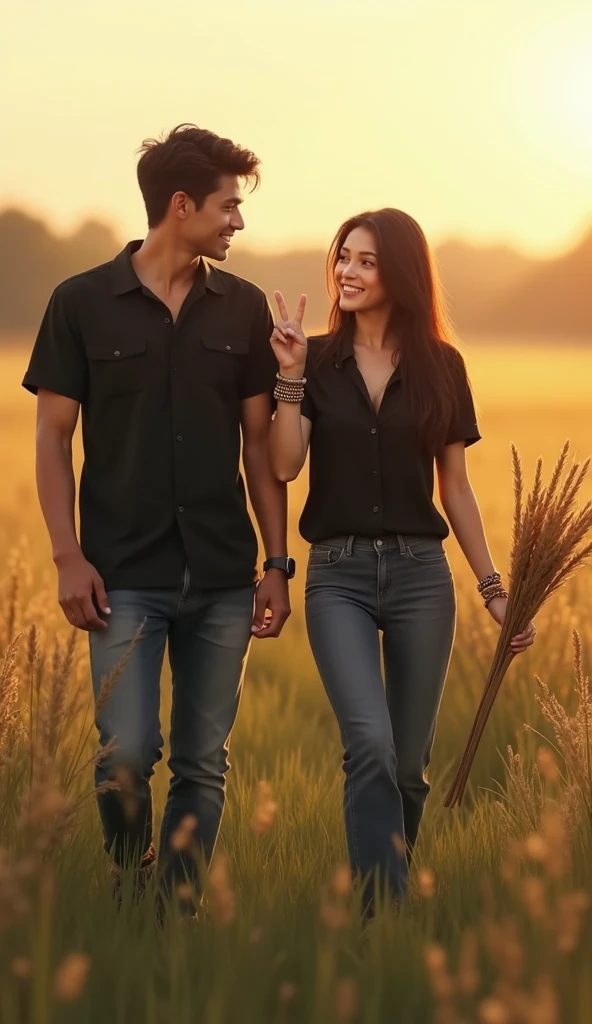 a couple, walking in a field, exudes serenity. the handsome, clean-cut man in matching clothes accompanies her giving a bunch of reeds, the beautiful woman has long hair and is wearing an elegant black shirt and long jeans, beaded bracelets adorn her wrists, and she makes a victory V sign with her free hand. while smiling sweetly, her clear, sharp eyes catch the warm sunlight at dawn or dusk. The soft, out-of-focus background of the field adds to the ethereal atmosphere of the scene, with no clear indication of a specific location or context.
