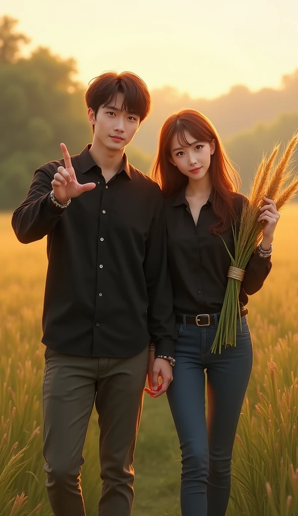 a couple, walking in a field, exudes serenity. the handsome, clean-cut man in matching clothes accompanies her giving a bunch of reeds, the beautiful woman has long hair and is wearing an elegant black shirt and long jeans, beaded bracelets adorn her wrists, and she makes a victory V sign with her free hand. while smiling sweetly, her clear, sharp eyes catch the warm sunlight at dawn or dusk. The soft, out-of-focus background of the field adds to the ethereal atmosphere of the scene, with no clear indication of a specific location or context.