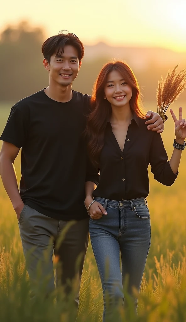 a couple, walking in a field, exudes serenity. the handsome, clean-cut man in matching clothes accompanies her giving a bunch of reeds, the beautiful woman has long hair and is wearing an elegant black shirt and long jeans, beaded bracelets adorn her wrists, and she makes a victory V sign with her free hand. while smiling sweetly, her clear, sharp eyes catch the warm sunlight at dawn or dusk. The soft, out-of-focus background of the field adds to the ethereal atmosphere of the scene, with no clear indication of a specific location or context.