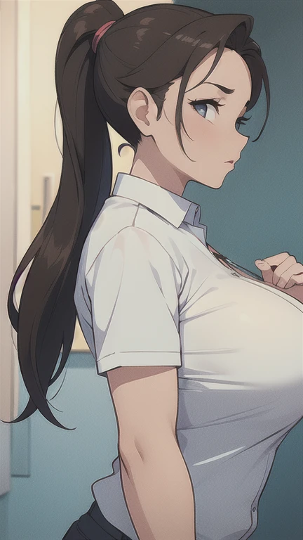 ((masterpiece, Best Quality)), a woman in a shirt , looking from the side, with a ponytail, huge tits