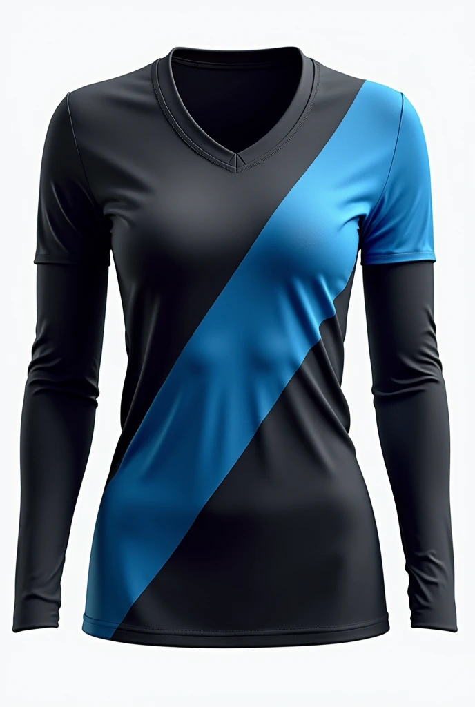 Women's v-neck long-sleeved soccer t-shit in black, blue and white