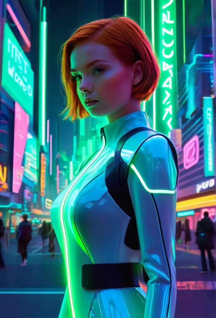 futuristic cityscape where reality starts blending with a surreal virtual environment. Emma, a young woman with short auburn hair and green eyes, is exploring a scene where the digital world intersects with the physical. She wears a sleek, futuristic outfit with neon accents. Use vibrant neon lights and holographic projections merging with traditional city elements. Emma is depicted navigating this intersection, illustrating the initial confusion and wonder.