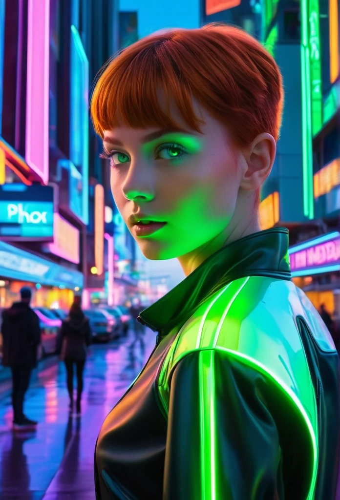 futuristic cityscape where reality starts blending with a surreal virtual environment. Emma, a young woman with short auburn hair and green eyes, is exploring a scene where the digital world intersects with the physical. She wears a sleek, futuristic outfit with neon accents. Use vibrant neon lights and holographic projections merging with traditional city elements. Emma is depicted navigating this intersection, illustrating the initial confusion and wonder.