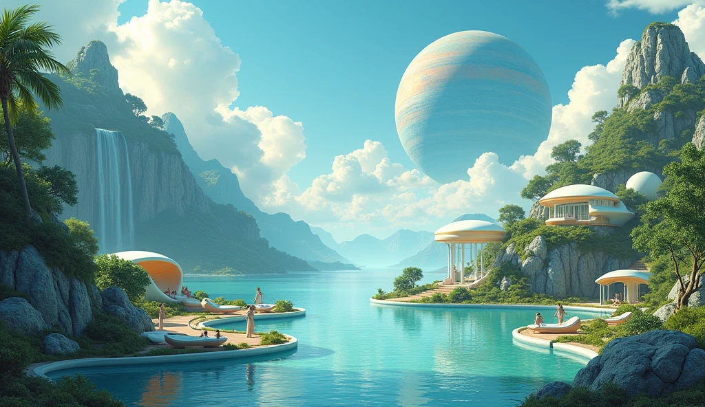 Isometric perspective view. Immerse yourself in a paradise world, enlightened and rich, where the purity of the air and the cleanliness of the environment create an atmosphere of unparalleled serenity. A large nearby planet adorns the crystal-clear sky, complementing the natural beauty of the landscape. Majestic waterfalls flow constantly, serving as the heart of this paradise. The inhabitants of this world, beings similar to humans but more beautiful, tall and elegant in their walk, They live in perfect harmony with nature. Their R Style homes. h. Giger, They are mega futuristic, They are perfectly integrated into the natural environment, merging with the flora and fauna that surrounds them. the sun shines brightly, making the waters sparkle with an almost magical glow. The temperature is ideal, further beautifying the air, while the inhabitants of this place enjoy an eternal and happy existence. The film presents an intricate and harmonious landscape, Captured in a hyper-realistic high-resolution image at 8K. every detail, from artifacts to natural elements, It is highly defined and focused, revealing the perfection of this alien paradise. The cinematography uses a superior wide-angle lens with the maximum possible aperture., allowing every aspect of the scene to be captured with stunning clarity and depth. The lighting is carefully designed in a professional film studio, ensuring that every corner of the stage shines with an ethereal light that enhances the beauty and peace of this world.. "Eternal Harmony" It is a visual journey to an alien paradise, a place where the perfection of nature and the harmony of its inhabitants create a world that seems to be out of time. This idyllic setting invites us to reflect on the beauty of a life lived in harmony with the environment., A reminder of what can be achieved when technology and nature coexist in perfect unity..